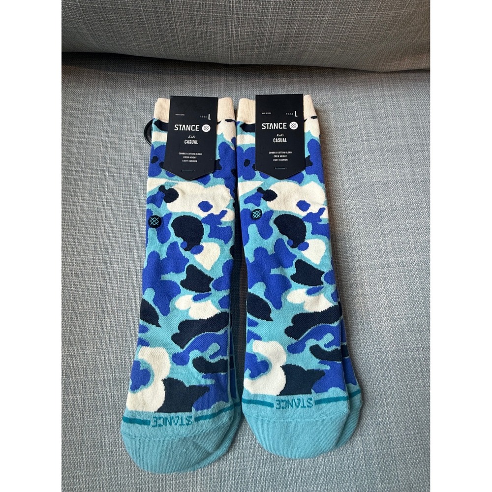 Stance Kids Casual Crew Socks Blue Camo Combed Cotton Blend Light Cushion L 2PK